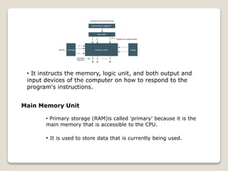 • It instructs the memory, logic unit, and both output and
input devices of the computer on how to respond to the
program's instructions.
Main Memory Unit
• Primary storage (RAM)is called 'primary' because it is the
main memory that is accessible to the CPU.
• It is used to store data that is currently being used.
 