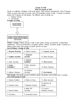 Groups in Tally
What are groups in Tally
Group is a collection of ledgers of the same natures. Tally software automatically create 28 groups
which are used in the chart of account. Out of 28 predefined groups in tally, 15 groups are primary
groups and 13 groups are Sub-groups. The different types of groups are
1. Primary Groups
2. Sub Groups
Example of Group
Primary Groups: Primary Group in Tally is main group, Groups are structured as hierarchical
organization. At the top of hierarchy are primary groups. Among 15 primary groups, 9 groups are
balance sheets items and 6 groups are profit and loss a/c items.
List of Primary Groups in Tally
1. Branch/ Divisions 6. Indirect Income 11. Current Assets
2. Capital Accounts
7. Suspense
Account 12. Direct Incomes
3. Sales Accounts
8. Current
Liabilities 13. Fixed Assets
4. Loans
(Liabilities)
9. Misc. Expenses
(Asset_ 14. Direct Expenses
5. Indirect Expenses
10. Purchase
Accounts 15. Investments
Sub Groups: Sub groups are part of primary group, sub groups can be divided into 13 groups.
List of Sub groups in Tally
1. Sundry Creditors 6. Duties & Taxes 11. Bank Accounts
2. Secured Loans 7. Deposits (Assets)
12. Reserves &
Surplus
3. Stock in Hand
8. Bank OD
Accounts
13. Loan &
Advances (Assets)
4. Provisions 9. Unsecured Loans
 