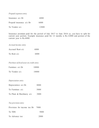 Prepaid expenses entry
Insurance a/c Dr 6000
Prepaid insurance a/c Dr 6000
To Vendor a/c 12000
Insurance premium paid for the period of July 2017 to June 2018 so, you have to split for
current year portion. Example insurance paid for 12 months is Rs.12000 and portion of the
current year is Rs.6000.
Accrued income entry
Accrued Rent a/c 6000
To Rent a/c 6000
Purchase of fixed asset on credit entry
Furniture a/c Dr 10000
To Vendor a/c 10000
Depreciation entry
Depreciation a/c Dr 8000
To Furniture a/c 5000
To Plant & Machinery a/c 3000
Tax provision entry
Provision for income tax Dr 7000
To TDS 5000
To Advance tax 2000
 