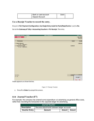Bank or cash account
Deposit Account
Debit
Use a Receipt Voucher to record the entry.
Ensure in F12: Payment Configuration, Use Single Entry mode for Pymt/Rcpt/Contra issetto No.
Go to the Gatewayof Tally > Accounting Vouchers> F6: Receipt.The entry
made appearsas shownbelow:
Figure 5.5 Receipt Voucher
 Press Y or Enter to accept the screen.
5.1.4 Journal Voucher(F7)
For example, the company has entered some expenditure on advertising as general office costs,
rather than recording the transaction in the separate ledger for advertising.
Journal Voucher
Description Records adjustments between ledger accounts
Voucher Entry Account Amount Amount
 