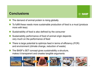 Conclusions
 The demand of animal protein is rising globally
 To fulfill these needs more sustainable production of food is a must (produce
more with less)
 Sustainability of food is also defined by the consumer
 Sustainability performance of food of animal origin depends
very much on the performance of feed
 There is large potential to optimize feed in terms of efficiency (FCR)
and environment (climate change, reduction of waste)
 The BASF‘s SET concept gives sustainability a structure,
makes it transparent and creates tangible arguments
34
 