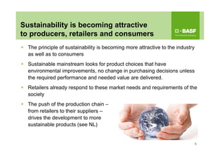 6
Sustainability is becoming attractive
to producers, retailers and consumers
 The principle of sustainability is becoming more attractive to the industry
as well as to consumers
 Sustainable mainstream looks for product choices that have
environmental improvements, no change in purchasing decisions unless
the required performance and needed value are delivered.
 Retailers already respond to these market needs and requirements of the
society
 The push of the production chain –
from retailers to their suppliers –
drives the development to more
sustainable products (see NL)
 