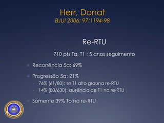 Herr, Donat BJUI 2006; 97:1194-98Re-RTU710 pts Ta, T1 ; 5 anos seguimentoRecorrência 5a: 69%Progressão 5a: 21%76% (61/80): se T1 alto grauna re-RTU