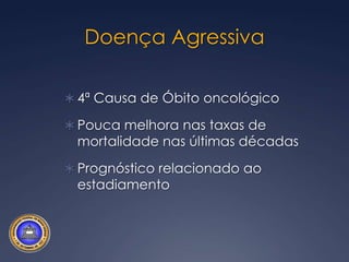 Doença Agressiva4ª Causa de Óbito oncológicoPouca melhora nas taxas de mortalidade nas últimas décadasPrognóstico relacionado ao estadiamento