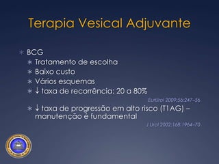 Fatores de Risco – T1 Alto GrauPresença de Ca in situ (CIS)Acometimento de uretra prostática ou ureter distalMultifocalidadeTamanho > 3 cm (imagem)Profundidade de infiltração na lâmina própria (T1B)Invasão linfovascularTumor em divertículo vesical