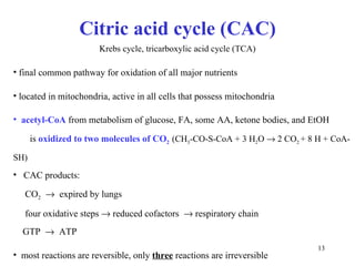 C itric acid cycle (CAC) Krebs cycle, tricarboxylic acid cycle (TCA) final common pathway for oxidation of all major nutrients located in mitochondria, active in all cells that possess mitochondria acetyl-CoA  from metabolism of glucose, FA, some AA, ketone bodies, and EtOH  is  oxidized to two molecules of CO 2  (CH 3 -CO-S-CoA + 3 H 2 O    2 CO 2  + 8 H + CoA-SH) CAC products: CO 2      expired by lungs four oxidative steps    reduced cofactors    respiratory chain GT P     ATP most reactions are reversible, only  three  reactions are irreversible 