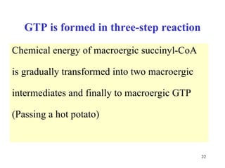 GTP is formed in three-step reaction Chemical energy of macroergic succinyl-CoA  is gradually transformed into two macroergic intermediates and finally to macroergic GTP  (Passing a hot potato) 