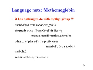 Language note : Methemoglobin it has nothing to do with  methyl  group  !! ! abbreviated from  metahemoglobin the prefix  meta-  ( from Greek )  indicates  change, transformation, alteration  other examples with the prefix  meta :  metabolic (=  c atabolic   + anabolic) metamorphosis, metazoan ... 