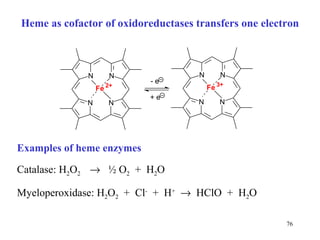 Heme as cofactor of oxidoreductases   transfers one  ele c tron Examples of  hem e  enzym es C atalas e :  H 2 O 2     ½  O 2   +  H 2 O Myeloperoxidas e :  H 2 O 2   +  Cl -   +  H +      HClO  +  H 2 O 
