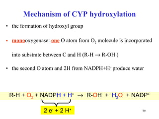 Mechanism of CYP  hydroxyla tion the formation of hydroxyl group  mono oxygenase:  one  O atom from O 2  molecule is incorporated into substrate between C and H (R-H    R-OH ) the second O atom and 2H from NADPH+H +  produce water R-H +  O 2  + NADP H + H +      R- O H  +  H 2 O   + NADP + 2 e -  + 2 H + 