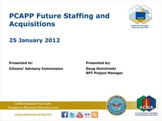 PCAPP Future Staffing and
Acquisitions

25 January 2012



Presented to:                   Presented by:
Citizens’ Advisory Commission   Doug Omichinski
                                BPT Project Manager
 
