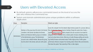 Users with Elevated Access
 By default systems will process commands based on the level of access the
user who initiated the command has.
 System and domain administrators pose unique problems within a software
application.
20
Group Description Default user rights
Administrators
Members of this group have full control of all domain
controllers in the domain. By default, the Domain
Admins and Enterprise Admins groups are members
of the Administrators group. The Administrator
account is also a default member. Because this group
has full control in the domain, add users with caution.
Access this computer from the network; Adjust memory quotas for a process; Back up
files and directories; Bypass traverse checking; Change the system time; Create a
pagefile; Debug programs; Enable computer and user accounts to be trusted for
delegation; Force a shutdown from a remote system; Increase scheduling priority;
Load and unload device drivers; Allow log on locally; Manage auditing and security
log; Modify firmware environment values; Profile single process; Profile system
performance; Remove computer from docking station; Restore files and directories;
Shut down the system; Take ownership of files or other objects.
https://technet.microsoft.com/en-us/library/cc756898%28v=ws.10%29.aspx
 