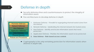 Defense in depth
 Security defensive lines and countermeasures to protect the integrity of
information assets
 Five architectures to develop defense in depth
1. Perimeter Defense - Firewalls for segregating internal trusted zones from
the internet
2. Network Defense - Subdividing the internal network into trusted zones
3. Host Defense - Identify and locate information assets that need
protection
4. Application Defense - Prioritize the information assets to be protected
5. Data Defense - Role based access controls
 Cryptography is the only remaining protection for information assets when
defense in depth fails.
5
 
