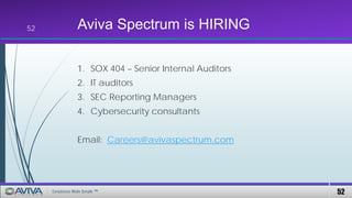 52Compliance Made Simple ™
Aviva Spectrum is HIRING
1. SOX 404 – Senior Internal Auditors
2. IT auditors
3. SEC Reporting Managers
4. Cybersecurity consultants
Email: Careers@avivaspectrum.com
52
 