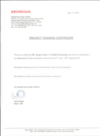 Honda Training Certificate