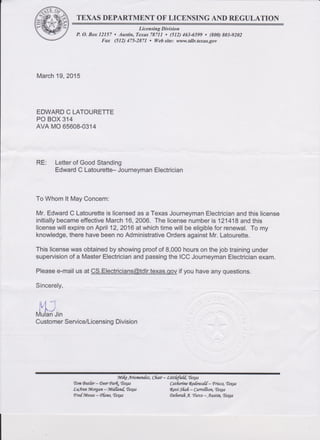 TDLR Electrical license and experience letter