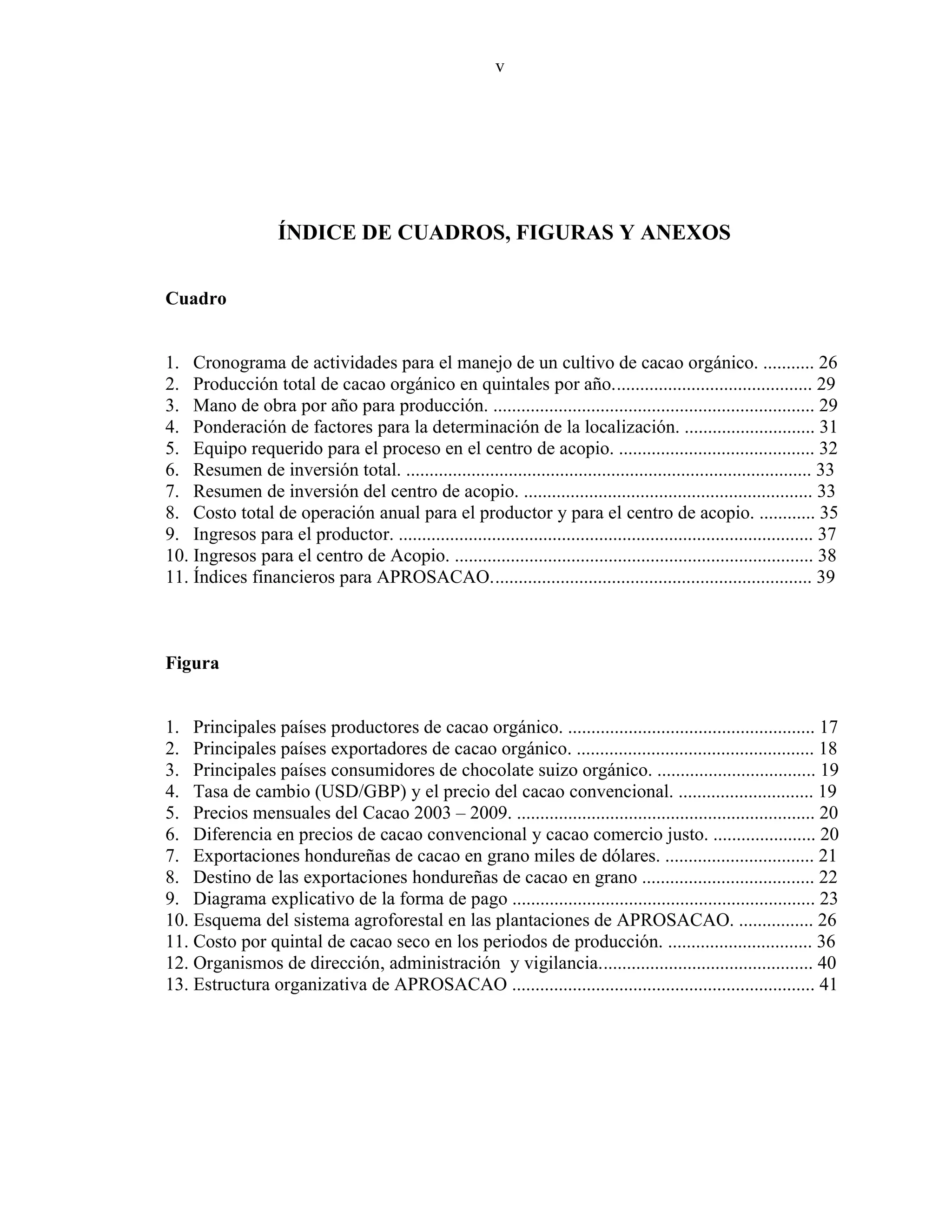 v
ÍNDICE DE CUADROS, FIGURAS Y ANEXOS
Cuadro
1. Cronograma de actividades para el manejo de un cultivo de cacao orgánico. ........... 26
2. Producción total de cacao orgánico en quintales por año........................................... 29
3. Mano de obra por año para producción. ..................................................................... 29
4. Ponderación de factores para la determinación de la localización. ............................ 31
5. Equipo requerido para el proceso en el centro de acopio. .......................................... 32
6. Resumen de inversión total. ....................................................................................... 33
7. Resumen de inversión del centro de acopio. .............................................................. 33
8. Costo total de operación anual para el productor y para el centro de acopio. ............ 35
9. Ingresos para el productor. ......................................................................................... 37
10. Ingresos para el centro de Acopio. ............................................................................. 38
11. Índices financieros para APROSACAO..................................................................... 39
Figura
1. Principales países productores de cacao orgánico. ..................................................... 17
2. Principales países exportadores de cacao orgánico. ................................................... 18
3. Principales países consumidores de chocolate suizo orgánico. .................................. 19
4. Tasa de cambio (USD/GBP) y el precio del cacao convencional. ............................. 19
5. Precios mensuales del Cacao 2003 – 2009. ................................................................ 20
6. Diferencia en precios de cacao convencional y cacao comercio justo. ...................... 20
7. Exportaciones hondureñas de cacao en grano miles de dólares. ................................ 21
8. Destino de las exportaciones hondureñas de cacao en grano ..................................... 22
9. Diagrama explicativo de la forma de pago ................................................................. 23
10. Esquema del sistema agroforestal en las plantaciones de APROSACAO. ................ 26
11. Costo por quintal de cacao seco en los periodos de producción. ............................... 36
12. Organismos de dirección, administración y vigilancia.............................................. 40
13. Estructura organizativa de APROSACAO ................................................................. 41
 