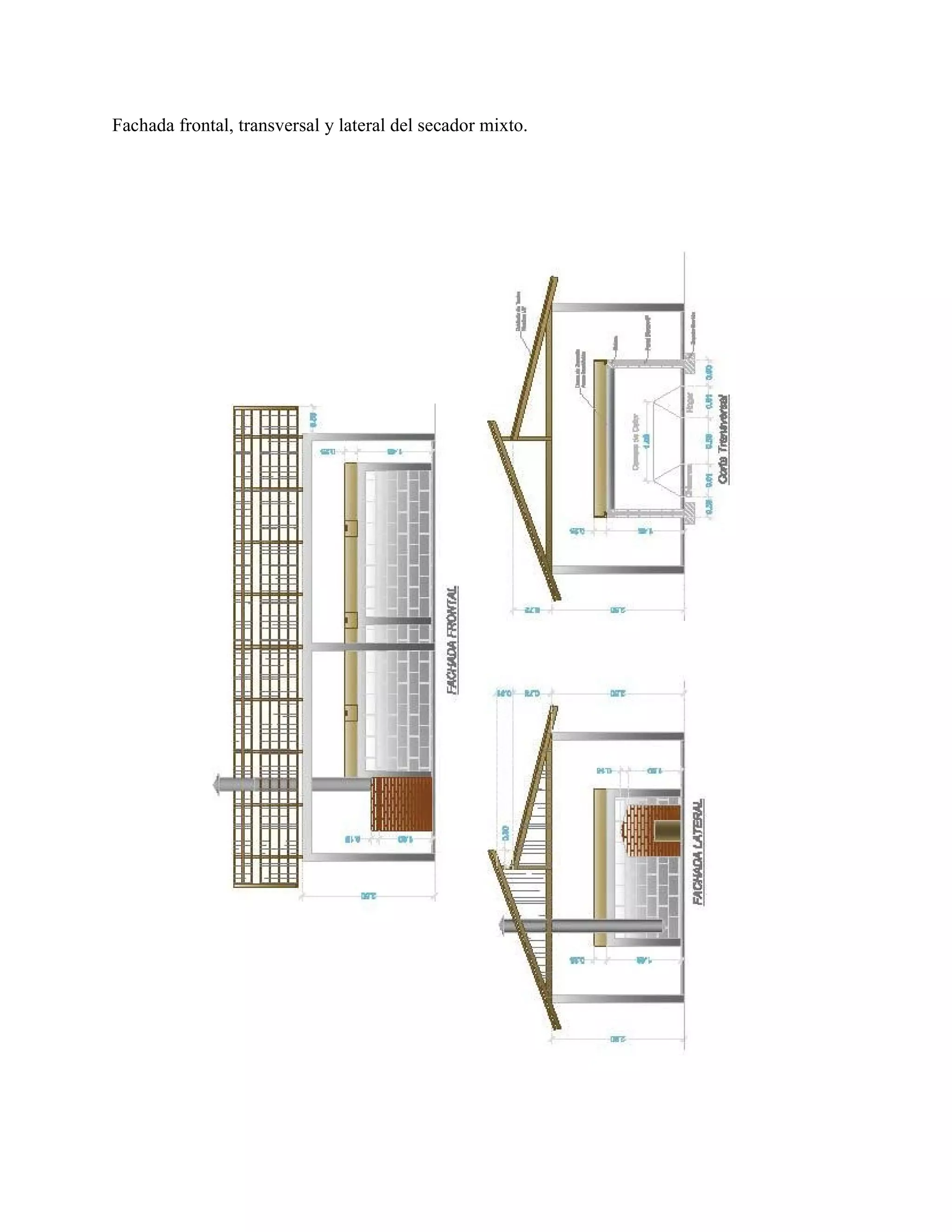 Fachada frontal, transversal y lateral del secador mixto.
 