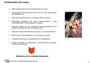 Perfil del Mercado y Competitividad Exportadora de Cacao
13
Débil organización de los productores de cacao
Inadecuado manejo técnico del cultivo en los agricultores
de subsistencia
Deficiente tratamiento en el proceso post-cosecha
Materiales genéticos de baja productividad y alta
susceptibilidad a enfermedades y plagas
Limitado apoyo de las empresas agroindustriales en la
etapa de producción de la materia prima
Falta de financiamiento para el acopio y comercialización
Alto nivel de intermediación en el acopio de cacao
Limitados servicios de capacitación e investigación
Escasa inversión en maquinaria y equipos para aumentar
el valor del producto
Problemática del cacao
Deterioro de la calidad del grano
 