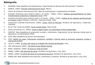 Perfil del Mercado y Competitividad Exportadora de Cacao
51
Bibliografía
1. ADUANAS. Base estadística de exportaciones. Superintendencia Nacional de Administración Tributaria.
2. ASERCA. (2003). Mercado Internacional de Cacao. México.
3. Centro de Comercio Internacional (CCI). Base de exportaciones e importaciones mundiales.
4. Comisión Económica para América Latina y El Caribe - CEPAL. (1991). Cadenas agroexportadoras en Chile:
Transformación productiva e integración social. Chile.
5. Comisión Económica para América Latina y El Caribe - CEPAL. (1993). Análisis de las cadenas agroindustriales
en Ecuador y Perú. Estudios e Informes - Naciones Unidas. Chile.
6. Corporación Colombia Internacional. (2002). Cacao: Perfil de Mercado. Ministerio de Agricultura y Desarrollo.
Colombia.
7. ED & F Man Cocoa Ltd (2002). Cocoa market report. Reino Unido.
8. Ganes Consulting, LLC. (2003). Cocoa in depth report: An examination of the fundamentals.
9. FAOSTAT. Base estadística de producción mundial y rendimiento. Organización de las Naciones Unidas para la
Agricultura y la Alimentación (FAO).
10. ICCO. Base estadística de precios internacionales.
11. ICCO. Boletín de cacao: Información económica, científica y técnica sobre la economía cacaotera mundial y
noticias de la ICCO.
12. Lama D. (1996). El cultivo del cacao en la Región Nor Oriental del Marañón. Perú.
13. LMC International (2001). The World Cocoa Market Outlook.
14. Millán, Angelines. (2002). El cacao en costa de marfil.
15. MINAG. (1998). Plan Nacional de Cacao. Ministerio de Agricultura. Lima, Perú.
16. MINAG. (2000). El cultivo del cacao en la Amazonia peruana. Ministerio de Agricultura. Lima, Perú.
17. MINAG-OIA. Base estadística de producción, rendimiento y siembras. Ministerio de Agricultura. Lima, Perú.
 