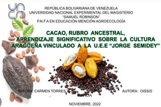 REPÚBLICA BOLIVARIANA DE VENEZUELA
UNIVERSIDAD NACIONAL EXPERIMENTAL DEL MAGISTERIO
“SAMUEL ROBINSON”
P.N.F.A EN EDUCACIÓN MENCIÓN AGROECOLOGÌA
TUTORA: CARMEN TORRES AUTORA: OISSIS
GARCIA
NOVIEMBRE, 2022
 