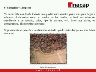 INACAP-Apoquindo
6° Selección y Limpieza
Ya en las fábricas donde todavía nos quedan unos cuantos pasos más para llegar a
saborear el chocolate como se venden en las tiendas, se hará una selección
atendiendo a un tamaño, color, tipo de cáscara, etc.. Estos nos darán, en
consecuencia, distintos tipos de cacao.
Seguidamente se procede a una limpieza de todo tipo de partículas que no sean habas
de cacao.
 