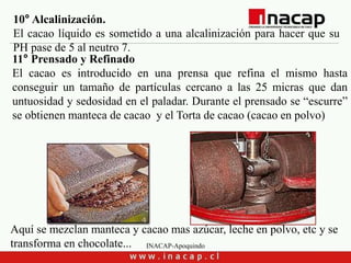 INACAP-Apoquindo
10° Alcalinización.
El cacao líquido es sometido a una alcalinización para hacer que su
PH pase de 5 al neutro 7.
11° Prensado y Refinado
El cacao es introducido en una prensa que refina el mismo hasta
conseguir un tamaño de partículas cercano a las 25 micras que dan
untuosidad y sedosidad en el paladar. Durante el prensado se “escurre”
se obtienen manteca de cacao y el Torta de cacao (cacao en polvo)
Aquí se mezclan manteca y cacao mas azúcar, leche en polvo, etc y se
transforma en chocolate...
 