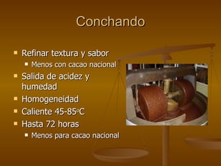 Conchando Refinar textura y sabor Menos con cacao nacional Salida de acidez y humedad Homogeneidad Caliente 45-85 o C Hasta 72 horas Menos para cacao nacional 