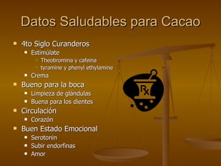 Datos Saludables para Cacao 4to Siglo Curanderos Estimúlate Theobromina y cafeina tyramine y phenyl ethylamine  Crema Bueno para la boca Limpieza de glándulas Buena para los dientes Circulación Corazón Buen Estado Emocional Serotonin Subir endorfinas Amor 