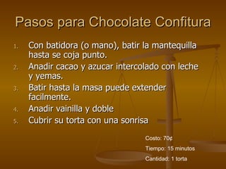 Pasos para Chocolate Confitura Con batidora (o mano), batir la mantequilla hasta se coja punto.  Anadir cacao y azucar intercolado con leche y yemas.  Batir hasta la masa puede extender facilmente. Anadir vainilla y doble Cubrir su torta con una sonrisa Costo: 70 ¢ Tiempo: 15 minutos Cantidad: 1 torta 