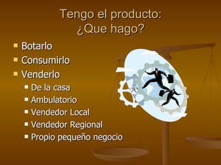 Tengo el producto: ¿ Que hago? Botarlo Consumirlo Venderlo De la casa Ambulatorio Vendedor Local Vendedor Regional Propio pequeño negocio 