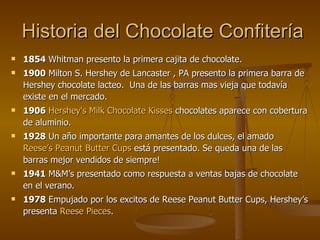 Historia del Chocolate Confiter í a 1854  Whitman presento la primera cajita de chocolate. 1900  Milton S. Hershey de Lancaster , PA presento la primera barra de Hershey chocolate lacteo.  Una de las barras mas vieja que todavía existe en el mercado. 1906   Hershey's Milk Chocolate Kisses  chocolates aparece con cobertura de aluminio. 1928  Un año importante para amantes de los dulces, el amado  Reese’s Peanut Butter Cups  está presentado. Se queda una de las barras mejor vendidos de siempre! 1941  M&M’s presentado como respuesta a ventas bajas de chocolate en el verano.  1978  Empujado por los excitos de Reese Peanut Butter Cups, Hershey’s presenta  Reese Pieces .   