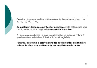 Examine os elementos da primeira coluna do diagrama anterior: a0
a1 b1 c1 d1 ... w1
Se qualquer destes elementos fôr negativo existe pelo menos uma
raíz à direita do eixo imaginário e o sistema é instável.
O número de mudanças de sinal nos elementos da primeira coluna é
igual ao número de raízes à direita do eixo imaginário.
Portanto, o sistema é estável se todos os elementos da primeira
coluna do diagrama de Routh forem positivos e não nulos.
10
 