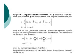 Regras 6 – Ângulo de saída ou entrada – há q ramos que saiem de
cada polo de ordem q em circuito aberto com ângulos deterninados por:
onde pa é um polo concreto de ordem q. Cada um dos m ramos que não
tendem para as assíntotas terminam num dos m zeros. Eles aproximam-
se dos zeros com ângulos:
onde zb é um zero particular de ordem n.
Para polos (ou zeros) sobre o eixo real o ângulo de partida (ou chegada)
será o ou π. 20
( ) ( ) ( )
1 1
1
2 1
0, 1, 2, ...., 1
m n
a i a j
i j
j a
k p z p p
q
k q
q p
= =
¹
é ù
ê ú
= + + - - -
ê ú
ê ú
ë û
= -
å å
 
( ) ( ) ( )
1 1
1
2 1
0, 1, 2,..., 1
n m
b j b i
j i
i b
k z P z z
k
q p
n
n
= =
¹
é ù
ê ú
= + + - - -
ê ú
ê ú
ë û
= -
å å
 
 