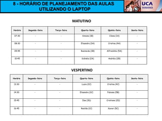 8 - HORÁRIO DE PLANEJAMENTO DAS AULAS
          UTILIZANDO O LAPTOP

                                         MATUTINO

Horário   Segunda-feira    Terça-feira        Quarta-feira      Quinta-feira     Sexta-feira

 07:30          -                  -           Simone (1B)       Cilene (1A)          -


 08:30          -                  -          Elisandra (3A)    Cristina (4A)         -


 09:45          -                  -          Rosineide (3B)   Alfredinho (5A)        -


 10:45          -                  -          Sidinéia (2A)     Andréia (2B)          -




                                         VESPERTINO
Horário   Segunda-feira   Terça-feira        Quarta-feira      Quinta-feira      Sexta-feira

13:30           -              -               Luzia (2C)      Cristina (4C)          -



14:30           -              -             Elisandra (3C)    Fabiana (5B)           -


15:45           -              -               Ilse (3D)       Cristiane (2D)         -



16:45           -              -              Rosilda (1C)      Xavier (5C)           -
 