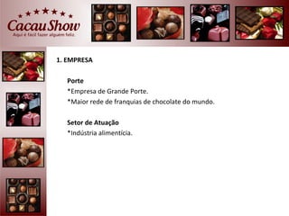 1. EMPRESA

  Porte
  *Empresa de Grande Porte.
  *Maior rede de franquias de chocolate do mundo.

  Setor de Atuação
  *Indústria alimentícia.
 