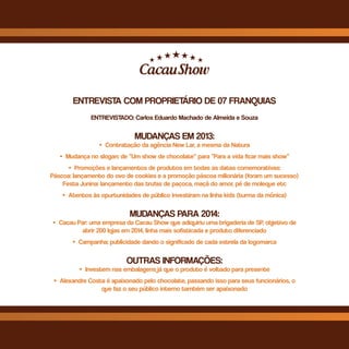 ENTREVISTA COM PROPRIETÁRIO DE 07 FRANQUIAS
ENTREVISTADO: Carlos Eduardo Machado de Almeida e Souza
MUDANÇAS EM 2013:
• Contratação da agência New Lar, a mesma da Natura
• Mudança no slogan: de “Um show de chocolate” para “Para a vida ficar mais show”
• Promoções e lançamentos de produtos em todas as datas comemorativas:
Páscoa: lançamento do ovo de cookies e a promoção páscoa milionária (foram um sucesso)
Festa Junina: lançamento das trufas de paçoca, maçã do amor, pé de moleque etc
• Atentos às opurtunidades de público investiram na linha kids (turma da mônica)
MUDANÇAS PARA 2014:
• Cacau Par: uma empresa da Cacau Show que adiquiriu uma brigaderia de SP, objetivo de
abrir 200 lojas em 2014, linha mais sofisticada e produto diferenciado
• Campanha: publicidade dando o significado de cada estrela da logomarca
OUTRAS INFORMAÇÕES:
• Investem nas embalagens já que o produto é voltado para presente
• Alexandre Costa é apaixonado pelo chocolate, passando isso para seus funcionários, o
que faz o seu público interno também ser apaixonado
 