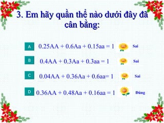 3. Em hãy quần thể nào dưới đây đã cân bằng: 0.25AA + 0.6Aa + 0.15aa = 1 0.4AA + 0.3Aa + 0.3aa = 1 0.04AA + 0.36Aa + 0.6aa= 1 0.36AA + 0.48Aa + 0.16aa = 1 A B C D Sai  Sai  Sai  Đúng  