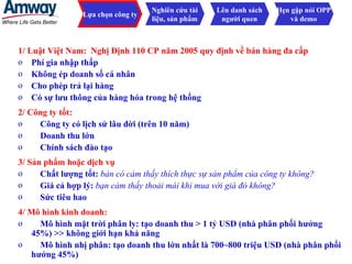 1/ Luật Việt Nam:  Nghị Định 110 CP năm 2005 quy định về bán hàng đa cấp Phí gia nhập thấp Không ép doanh số cá nhân Cho phép trả lại hàng Có sự lưu thông của hàng hóa trong hệ thống 2/ Công ty tốt:  Công ty có lịch sử lâu đời (trên 10 năm) Doanh thu lớn Chính sách đào tạo 3/ Sản phẩm hoặc dịch vụ Chất lượng tốt:  bản có cảm thấy thích thực sự sản phẩm của công ty không? Giá cả hợp lý:  bạn cảm thấy thoải mái khi mua với giá đó không? Sức tiêu hao 4/ Mô hình kinh doanh: Mô hình mặt trời phân ly: tạo doanh thu > 1 tỷ USD (nhà phân phối hưởng 45%) >> không giới hạn khả năng Mô hình nhị phân: tạo doanh thu lớn nhất là 700~800 triệu USD (nhà phân phối hưởng 45%) Lựa chọn công ty Nghiên cứu tài liệu, sản phẩm Lên danh sách người quen Hẹn gặp nói OPP và demo 