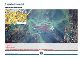 A caccia di immagini
Di Venezia.
Laguna.
Del Mar Adriatico.
Quella principale è un’immagine satellitare, mentre quella in alto a sinistra è una mappa.
© De Agostini Scuola SpA – Novara
Descrizione della Terra
 
