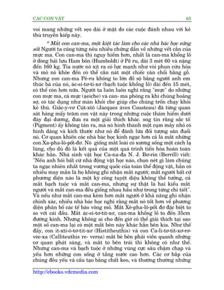 CAÁC CON VÊÅT                                                               65

voi mang nhûäng vïët seåo daâi úã mùåt do caác cuöåc àaánh nhau vúái keã
thuâ truyïìn kiïëp naây.
       * Mùæt con can-ma, möåt kiïåt taác laâm cho caác nhaâ baác hoåc sûãng
söët Ngûúâi ta cuäng tûâng nïu nhiïìu chûáng dêîn vïì nhûäng vïët cùæn cuãa
mûåc ma. Con can-ma thò nguy hiïím hún, nhêët laâ can-ma khöíng löì
úã doâng haãi lûu Ham bön (Humboldt) úã Pï ru, daâi 3 meát 60 vaâ nùång
àïën 160 kg. Tia nûúác noá xõt ra coá lûåc maånh nhû voâi phun cûáu hoãa
vaâ moã noá khoãe àïën coá thïí cùæn naát möåt chiïëc caán chöíi bùçng göî.
Nhûng con can-ma Pï-ru khöng to lúán àöì söå bùçng ngûúâi anh em
thuác baá cuãa noá, aác-si-tú-ti-xú (baåch tuöåc khöíng löì) daâi àïën 15 meát,
coá thïí coân hún nûäa. Ngûúâi ta luön luön nghô rùçng "mûåc" do nhûäng
con mûåc ma, caá mûåc (aåeiche) vaâ can- ma phoáng ra khi chuáng hoaãng
súå, coá taác duång nhû maân khoái che giuáp cho chuáng tröën chaåy khoãi
keã thuâ. Giùæc-y-vú Cuát-xtö (Jacques aáves Cousteau) àaä tûâng quan
saát haâng mêëy trùm con vêåt naây trong nhûäng cuöåc thaám hiïím dûúái
àaáy àaåi dûúng, àûa ra möåt giaãi thñch khaác. sng tin rùçng sùæc töë
(Pigment) êëy khöng taãn ra, maâ noá hònh thaânh möåt cuåm mêy nhoã coá
hònh daáng vaâ kñch thûúác nhû noá àïí àaánh lûâa àöëi tûúång sùn àuöíi
noá. Cú quan khiïën caác nhaâ baác hoåc kinh ngaåc hún caã laâ mùæt nhûäng
con Xa-pha-lö-pöët-àú. Noá giöëng mùæt loaâi coá xûúng söëng möåt caách laå
luâng, cho duâ àoá laâ kïët quaã cuãa möåt quaá trònh tiïën hoáa hoaân toaân
khaác hùèn. Nhaâ sinh vêåt hoåc Ca-na-àa N. J. Bú-rin (Berrill) viïët:
"Nïëu anh hoãi bêët cûá nhaâ àöång vêåt hoåc naâo, choån neát gò laâm chuáng
ta ngaåc nhiïn nhêët trong vûúng quöëc cuãa toaân thïí àöång vêåt, hùèn coá
nhiïìu may mùæn laâ hoå khöng ghi nhêån mùæt ngûúâi; mùæt ngûúâi bêët cûá
phûúng diïån naâo laâ möåt kyâ cöng tuyïåt diïåu khöng thïí tûúãng, caã
mùæt baåch tuöåc vaâ mùæt can-ma, nhûng sûå thêåt laâ hai kiïíu mùæt
ngûúâi vaâ mùæt can-ma àïìu giöëng nhau hêìu nhû trong tûâng chi tiïët".
Vaâ nïëu nhû mùæt can-ma keám hún mùæt ngûúâi úã khaã nùng ghi nhêån
chñnh xaác, nhiïìu nhaâ baác hoåc nghô rùçng mùæt noá töët hún vïì phûúng
diïån phên böë caác tïë baâo voäng mö. Mùæt Xï-pha-lö-pöët àú àùåc biïåt to
so vúái caái àêìu. Mùæt aác-si-tú-tñt-xú, can-ma khöíng löì to àïën 35cm
àûúâng kñnh. Nhûng khöng ai cho àïën giúâ coá thïí giaãi thñch taåi sao
möåt söë can-ma laåi coá möåt mùæt bïn naây khaác hùèn bïn kia. Nhû thïë
àêëy, con ñt-xti-ö-tú-tñt-xú (Histitheuthis) vaâ con Ca-li-tú-tit-xú-rú-
veác-xa (Calliteuthis re- versa) mùæt beá bïn phaãi viïìn quanh nhûäng
cú quan phaát saáng, vaâ mùæt to bïn traái thò khöng coá nhû thïë.
Nhûng can-ma vaâ baåch tuöåc úã nhûäng vuâng cûåc sêu chêåm chaåp vaâ
yïëu hún nhûäng con söëng úã têìng nûúác cao hún. Caác cú bùæp cuãa
chuáng àïìu yïëu vaâ cêëu taåo bùçng chêët keo, vaâ thûúâng thûúâng nhûäng

http://ebooks.vdcmedia.com
 