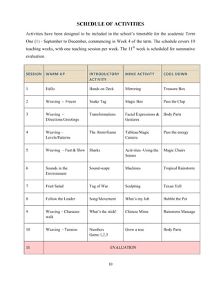 10 
 
SCHEDULE OF ACTIVITIES
Activities have been designed to be included in the school’s timetable for the academic Term
One (1) - September to December, commencing in Week 4 of the term. The schedule covers 10
teaching weeks, with one teaching session per week. The 11th
week is scheduled for summative
evaluation.
SESSION  WARM UP  INTRODUCTORY 
ACTIVITY 
MIME ACTIVITY  COOL DOWN 
1 Hello Hands on Deck Mirroring Treasure Box
2 Weaving - Freeze Snake Tag Magic Box Pass the Clap
3 Weaving -
Directions/Greetings
Transformations Facial Expressions &
Gestures
Body Parts
4 Weaving –
Levels/Patterns
The Atom Game Tableau/Magic
Camera
Pass the energy
5 Weaving – Fast & Slow Sharks Activities -Using the
Senses
Magic Chairs
6 Sounds in the
Environment
Sound-scape Machines Tropical Rainstorm
7 Fruit Salad Tug of War Sculpting Texan Yell
8 Follow the Leader Song/Movement What’s my Job Bubble the Pot
9 Weaving – Character
walk
What’s the stick! Chinese Mime Rainstorm Massage
10 Weaving - Tension Numbers
Game:1,2,3
Grow a tree Body Parts
11 EVALUATION
 