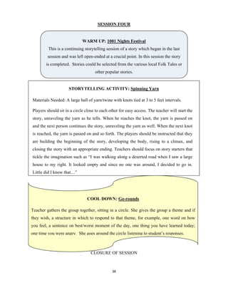 38 
 
SESSION FOUR
CLOSURE OF SESSION
WARM UP: 1001 Nights Festival
This is a continuing storytelling session of a story which began in the last
session and was left open-ended at a crucial point. In this session the story
is completed. Stories could be selected from the various local Folk Tales or
other popular stories.
STORYTELLING ACTIVITY: Spinning Yarn
Materials Needed: A large ball of yarn/twine with knots tied at 3 to 5 feet intervals.
Players should sit in a circle close to each other for easy access. The teacher will start the
story, unraveling the yarn as he tells. When he reaches the knot, the yarn is passed on
and the next person continues the story, unraveling the yarn as well. When the next knot
is reached, the yarn is passed on and so forth. The players should be instructed that they
are building the beginning of the story, developing the body, rising to a climax, and
closing the story with an appropriate ending. Teachers should focus on story starters that
tickle the imagination such as “I was walking along a deserted road when I saw a large
house to my right. It looked empty and since no one was around, I decided to go in.
Little did I know that....”
COOL DOWN: Go-rounds
Teacher gathers the group together, sitting in a circle. She gives the group a theme and if
they wish, a structure in which to respond to that theme, for example, one word on how
you feel, a sentence on best/worst moment of the day, one thing you have learned today;
one time you were angry. She goes around the circle listening to student’s responses.
 