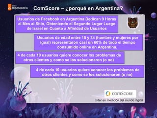 ComScore – ¿porqué en Argentina? Usuarios de Facebook en Argentina Dedican 9 Horas al Mes al Sitio, Obteniendo el Segundo Lugar Luego de Israel en Cuanto a Afinidad de Usuarios Líder en medición del mundo digital Usuarios de edad entre 15 y 34 (hombre y mujeres por igual) representaron casi un 60% de todo el tiempo consumido online en Argentina. 4 de cada 10 usuarios quiere conocer los problemas de otros clientes y como se los solucionaron (o no) 4 de cada 10 usuarios quiere conocer los problemas de otros clientes y como se los solucionaron (o no)