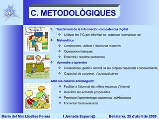 C. METODOLÒGIQUES Tractament de la informació i competència digital Utilitzar les TIC per informar-se, aprendre i comunicar-se Matemàtica Comprendre, utilitzar i relacionar números Operacions bàsiques Entendre i resoldre problemes Aprendre a aprendre Consciència, gestió i control de les pròpies capacitats i coneixements Capacitat de cooperar, d’autoavaluar-se   Amb les caceres aconseguim: Facilitar a l’alumnat els millors recursos d'internet Resoldre les activitats proposades Potenciar l'aprenentatge cooperatiu i col•laboratiu Fomentar l’autoavaluació Maria del Mar Lluelles Perera  I Jornada Espurn@  Bellaterra, 25 d’abril de 2009 