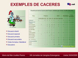 EXEMPLES DE CACERES Maria del Mar Lluelles Perera  XIII Jornades de Llengües Estrangeres  Lleida,16/04/2009 Educació infantil Educació especial Educació primària Educació secundària Cicles formatius i Batxillerat Educadors 