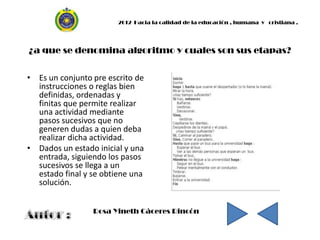 2012 Hacia la calidad de la educación , humana y cristiana .




¿a que se denomina algoritmo y cuales son sus etapas?


• Es un conjunto pre escrito de
  instrucciones o reglas bien
  definidas, ordenadas y
  finitas que permite realizar
  una actividad mediante
  pasos sucesivos que no
  generen dudas a quien deba
  realizar dicha actividad.
• Dados un estado inicial y una
  entrada, siguiendo los pasos
  sucesivos se llega a un
  estado final y se obtiene una
  solución.


                 Rosa Yineth Cáceres Rincón
 