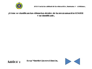 2012 Hacia la calidad de la educación , humana y cristiana .



¿Cómo se clasifican las etiquetas dentro de la programación CENTER
                           y su significado.




                Rosa Yineth Cáceres Rincón.
 