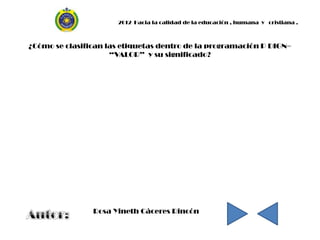 2012 Hacia la calidad de la educación , humana y cristiana .



¿Cómo se clasifican las etiquetas dentro de la programación P DIGN=
                     “VALOR” y su significado?




                Rosa Yineth Cáceres Rincón
 