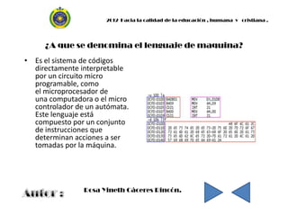 2012 Hacia la calidad de la educación , humana y cristiana .




     ¿A que se denomina el lenguaje de maquina?
• Es el sistema de códigos
  directamente interpretable
  por un circuito micro
  programable, como
  el microprocesador de
  una computadora o el micro
  controlador de un autómata.
  Este lenguaje está
  compuesto por un conjunto
  de instrucciones que
  determinan acciones a ser
  tomadas por la máquina.




                Rosa Yineth Cáceres Rincón.
 